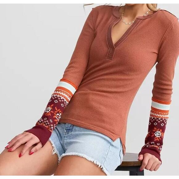 We The Free Mikah Layering‎ Cuff Boho Casual Thermal Top Autumn Combo Medium - Picture 1 of 7
